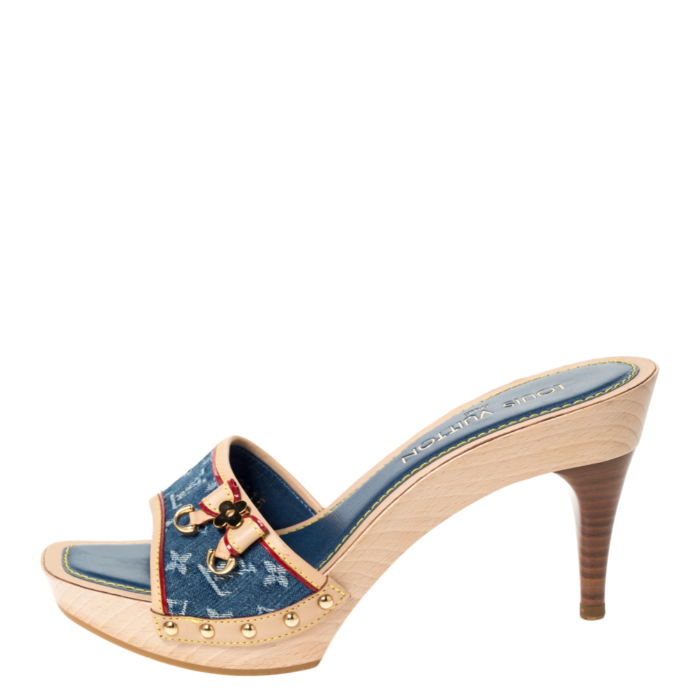 

Louis Vuitton Blue Monogram Denim Bow Detail Slides Sandals Size