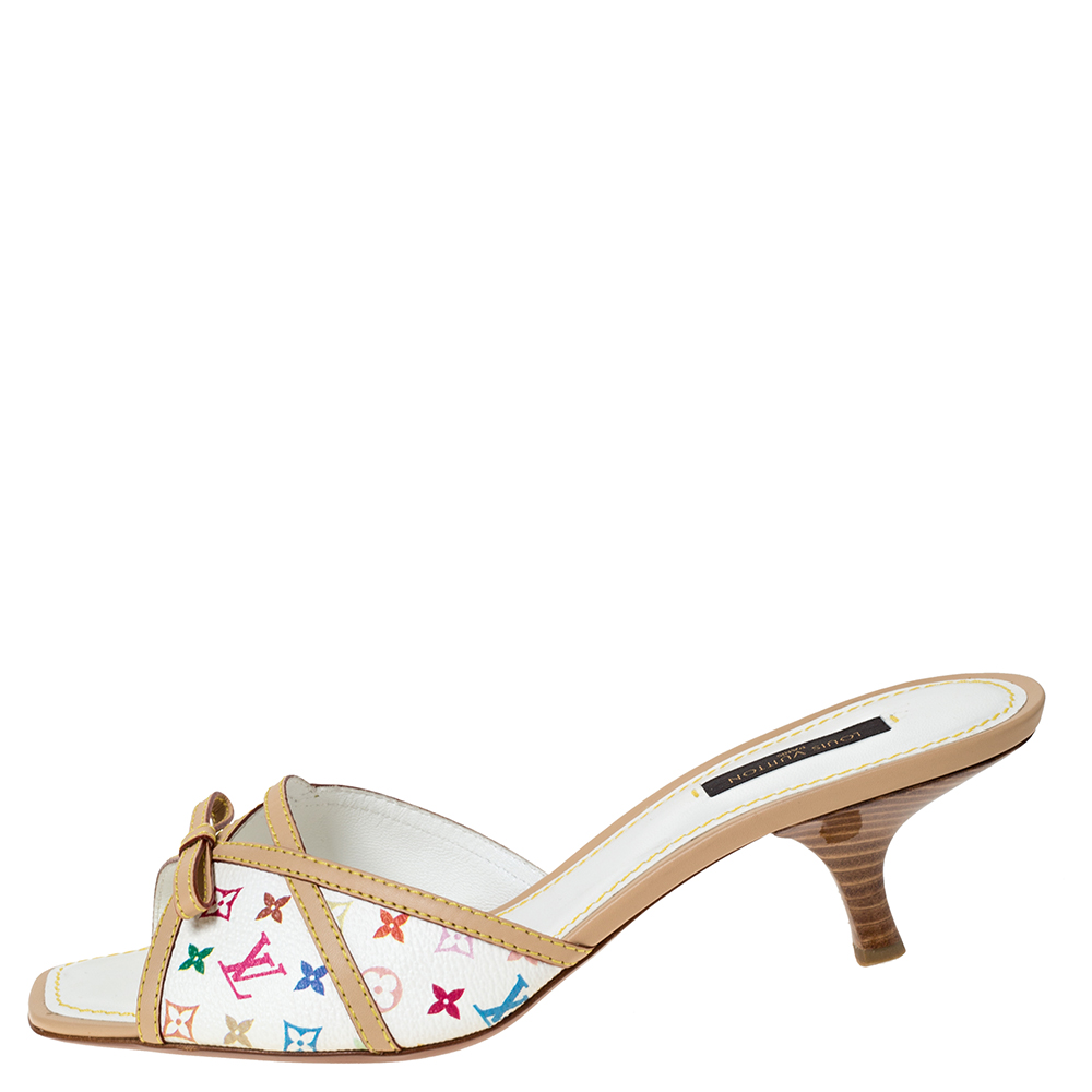 

Louis Vuitton White Multicolor Mini Lin Monogram Canvas Slide Sandals Size