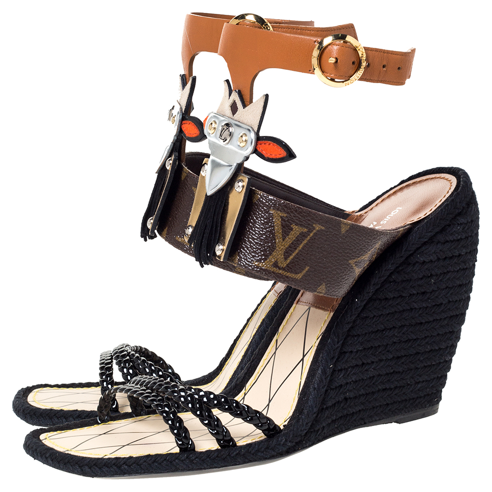 Louis Vuitton Multicolor Leather Tribal Mask Magic Spell Wedge Espadrille Ankle Cuff Sandals ...