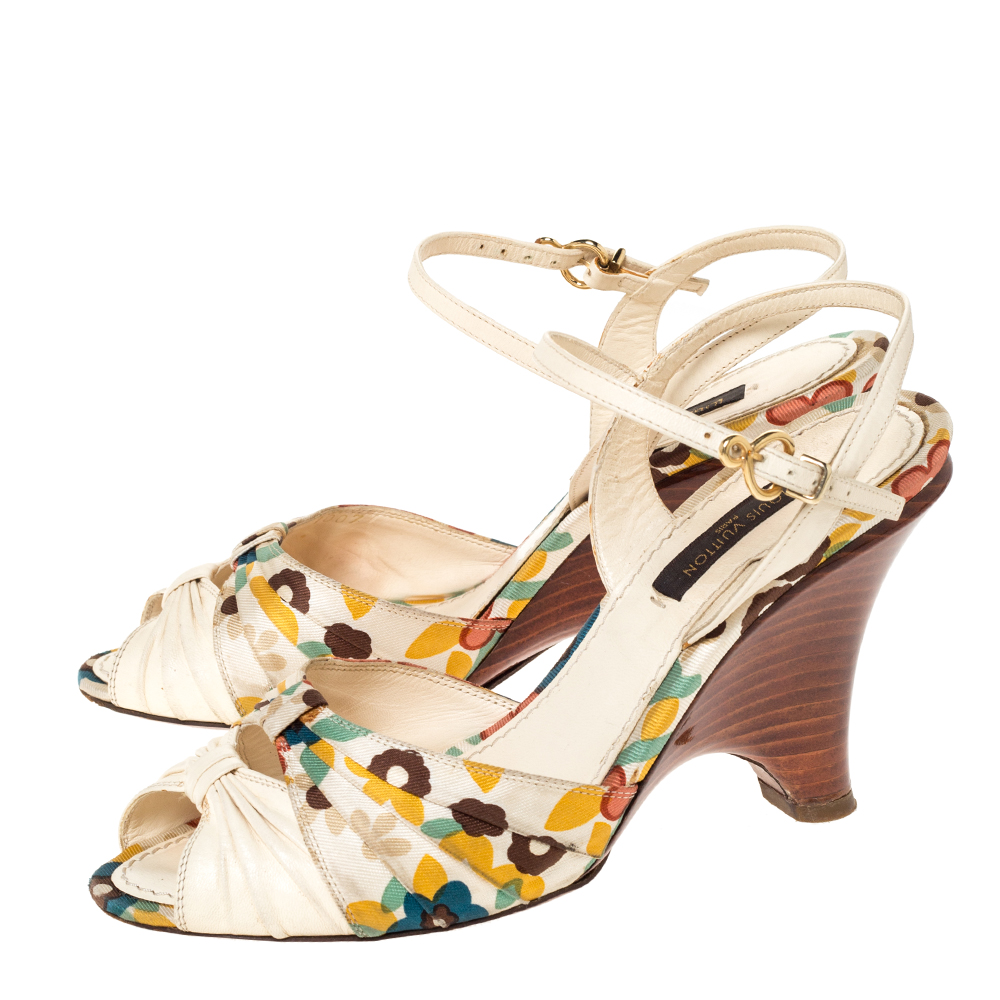 Louis Vuitton Multicolor Floral Print Fabric And Leather Ankle Strap Wedge Sandals Size 35 Louis ...