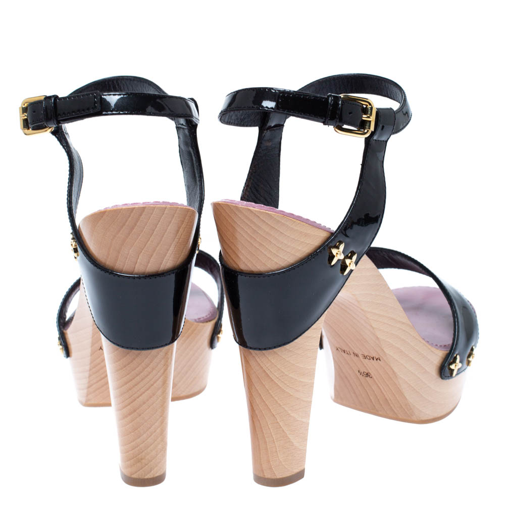Louis Vuitton Black Patent Wooden Platform Block Heel Ankle Strap Sandals Size 36.5 Louis ...