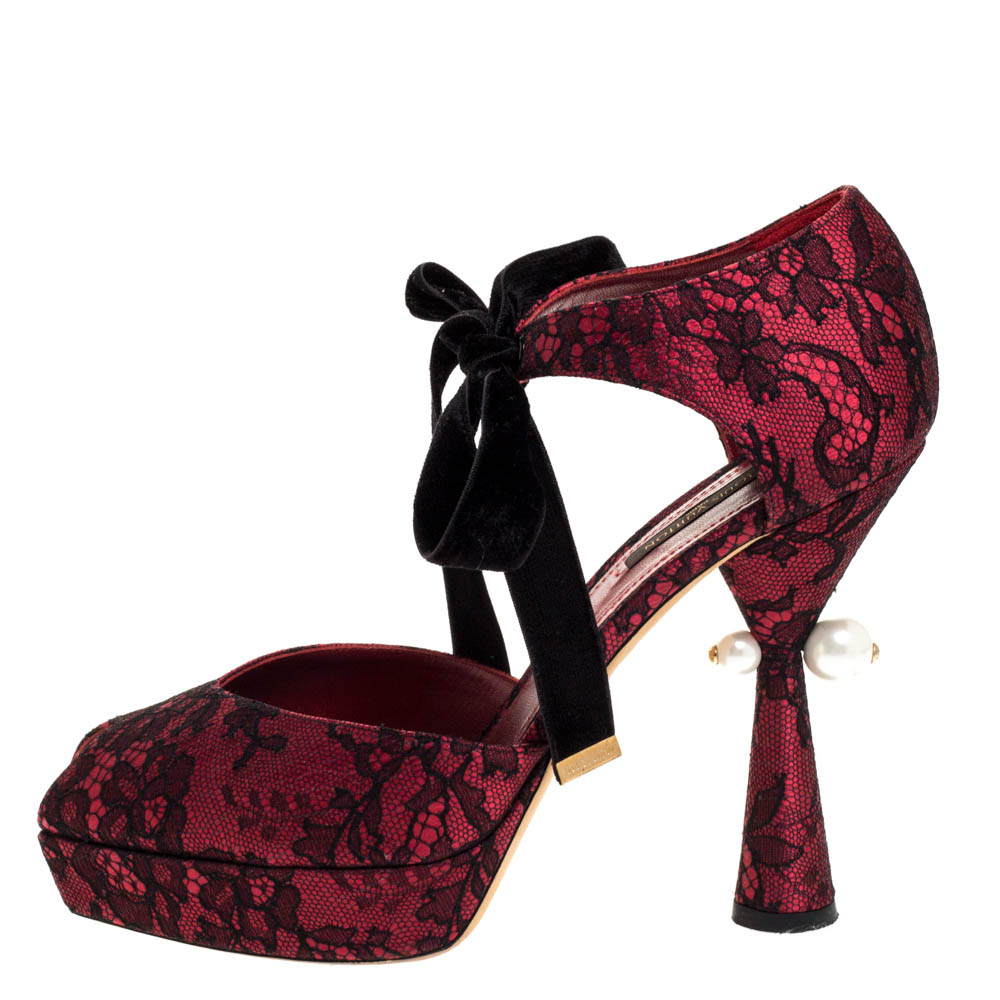 

Louis Vuitton Maroon Satin And Black Lace Pearl Embellished Heel Pumps Size, Red