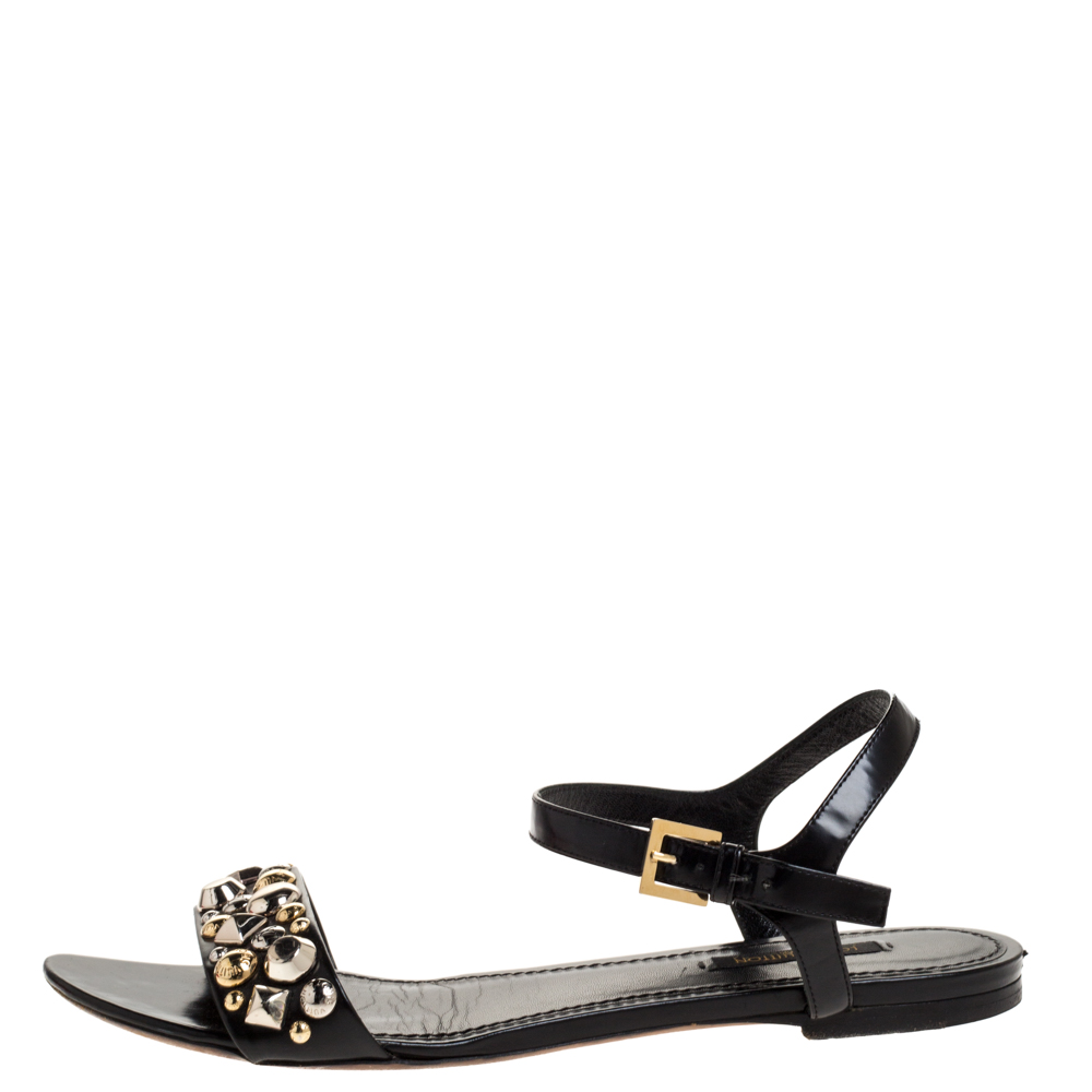 

Louis Vuitton Black Leather Studded Flat Ankle Strap Sandals Size