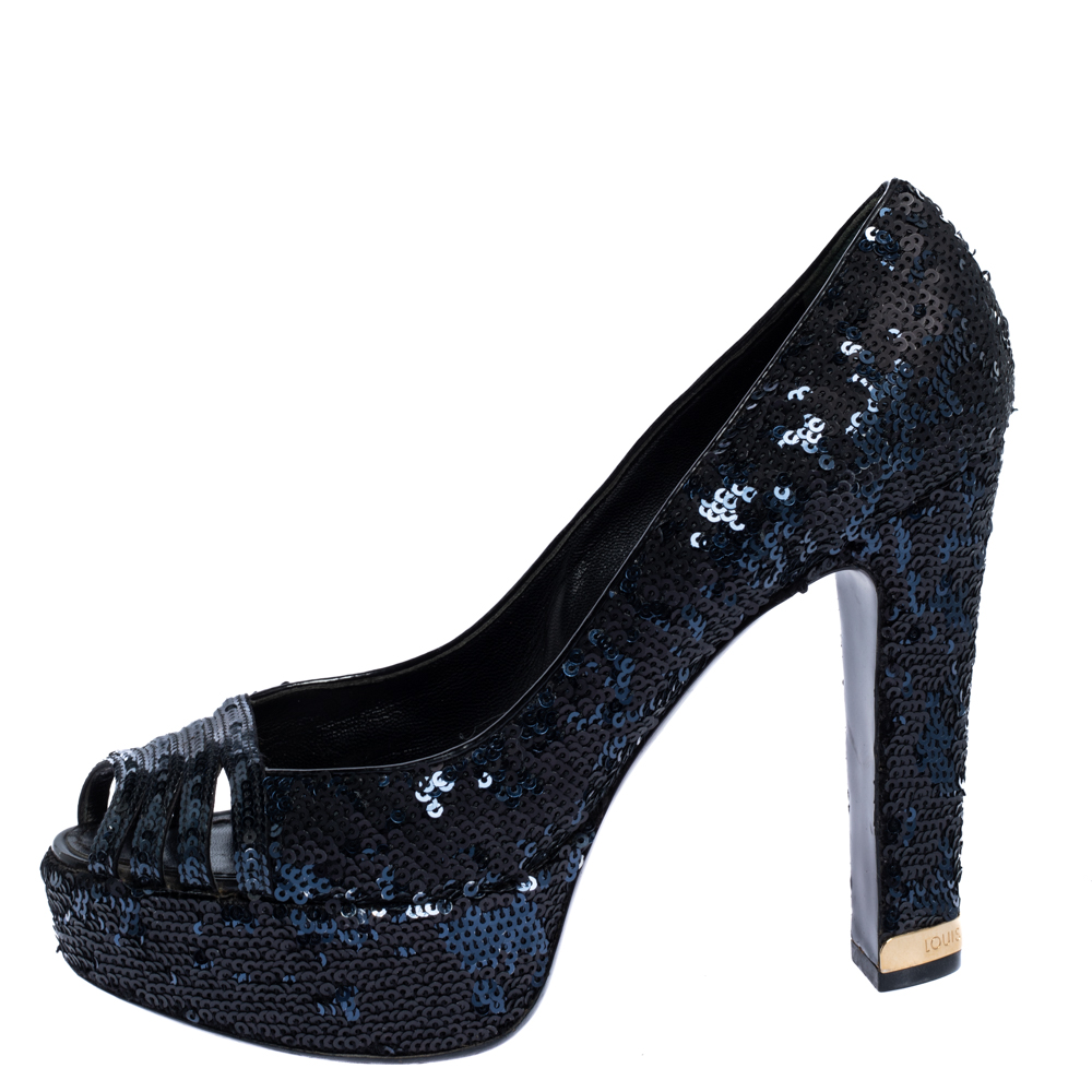 

Louis Vuitton Blue/Black Sequin Peep Toe Platform Pumps Size