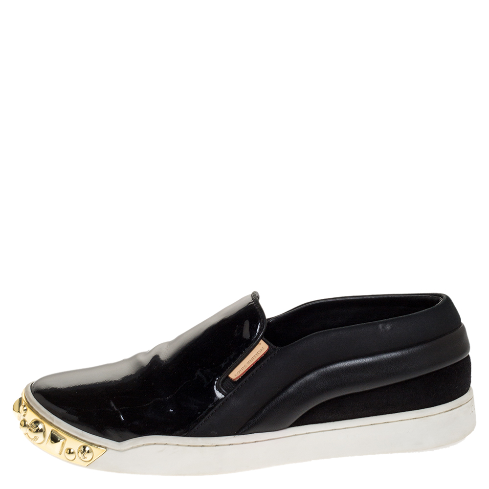 

Louis Vuitton Black Patent And Leather Gold Studded Tempo Slip On Sneakers Size