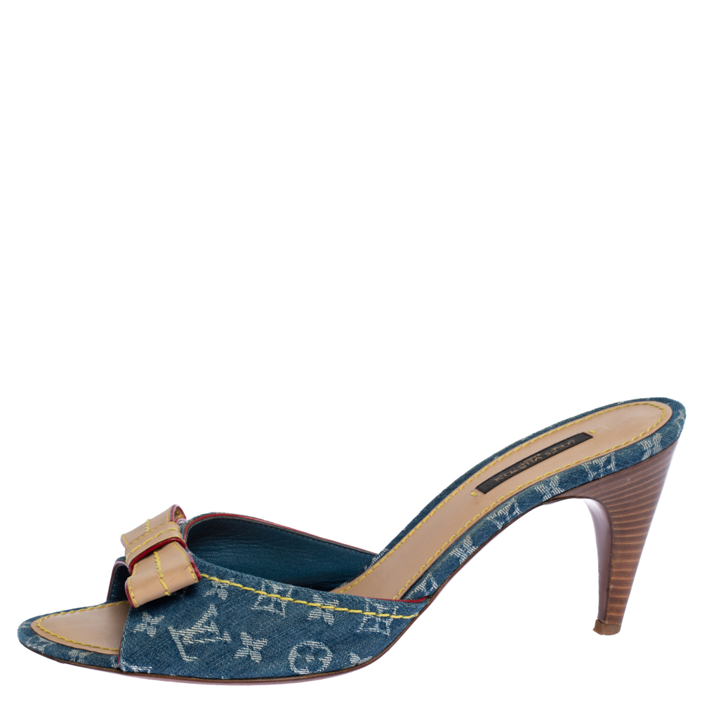 

Louis Vuitton Blue Monogram Denim And Leather Bow Slide Sandals Size