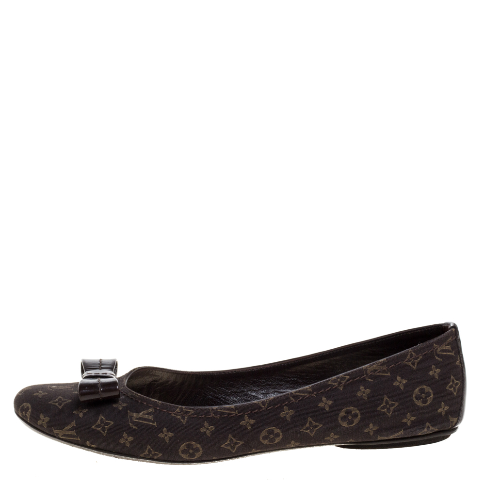 

Louis Vuitton Brown Mini Lin Monogram Canvas And Patent Bow Grenadine Ballet Flat Size