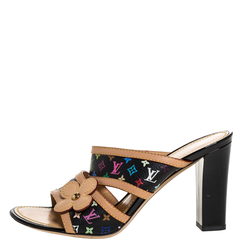 

Louis Vuitton Black Multicolor Monogram Canvas And Leather Trim Slide Mule Sandals Size