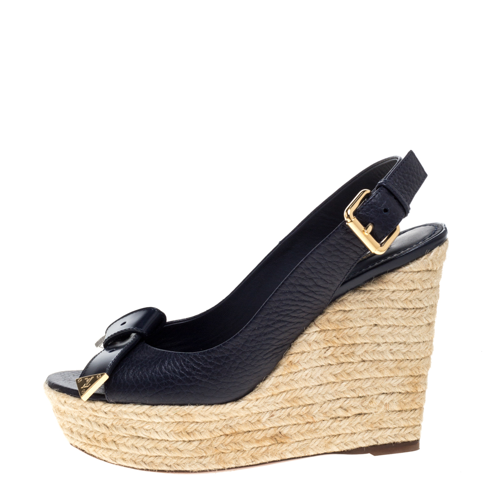 

Louis Vuitton Navy Blue Leather Slingback Espadrille Wedge Platform Sandals Size