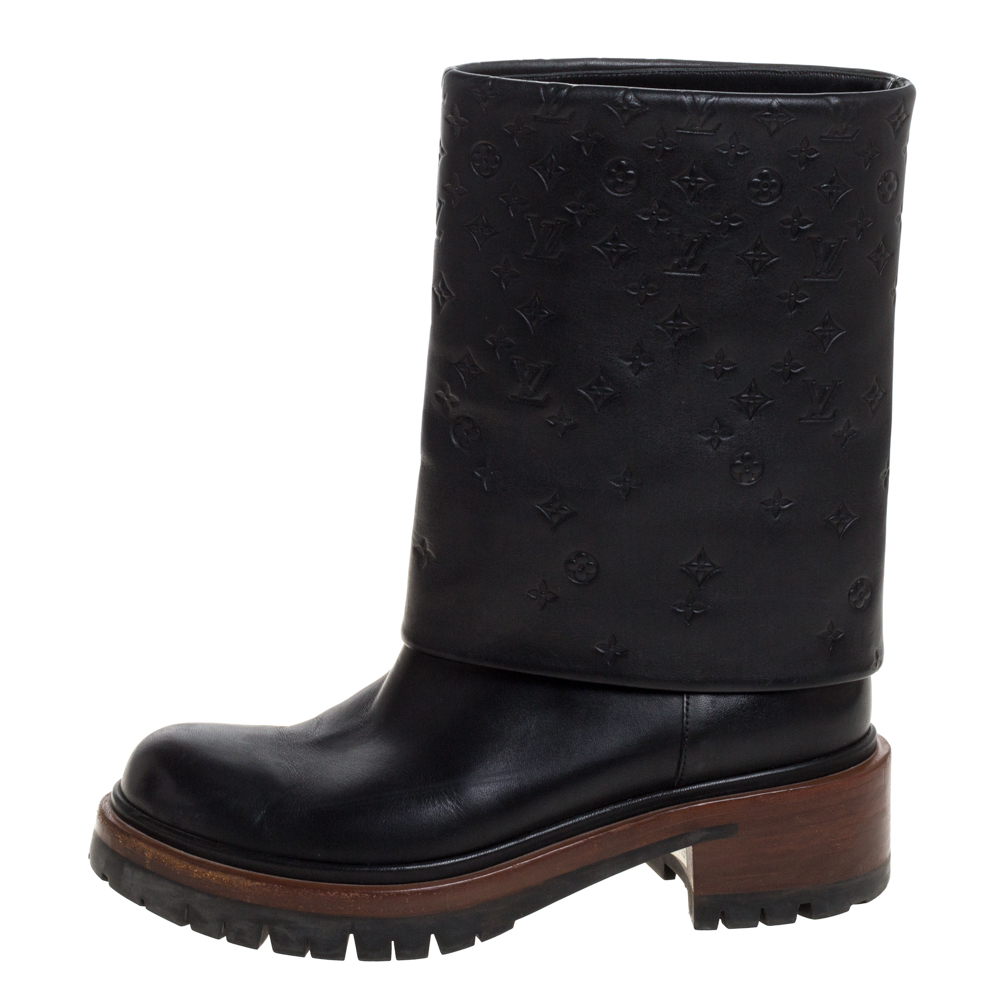 

Louis Vuitton Black Monogram Embossed Leather Fold Over 'Road Trip' Mid Calf Boots Size