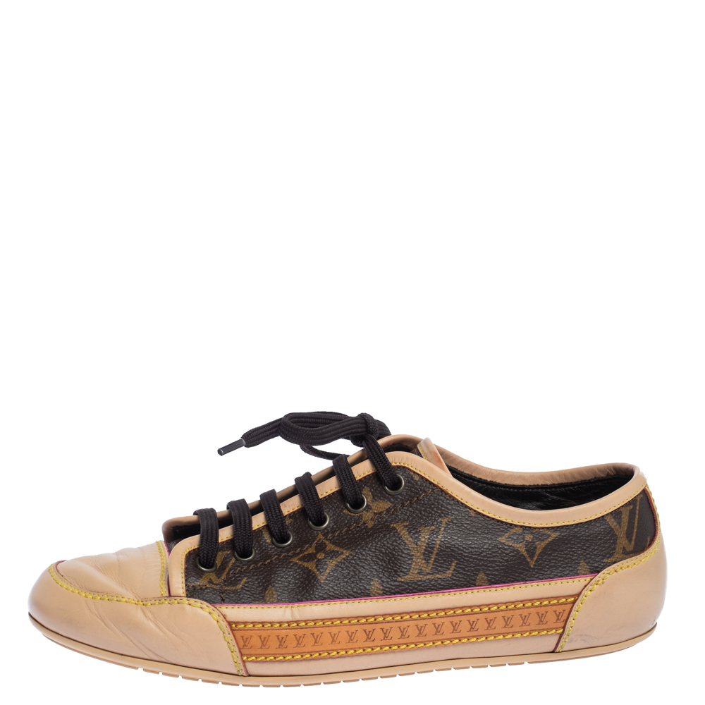 

Louis Vuitton Beige Leather And Brown Monogram Canvas Capucine Sneakers Size