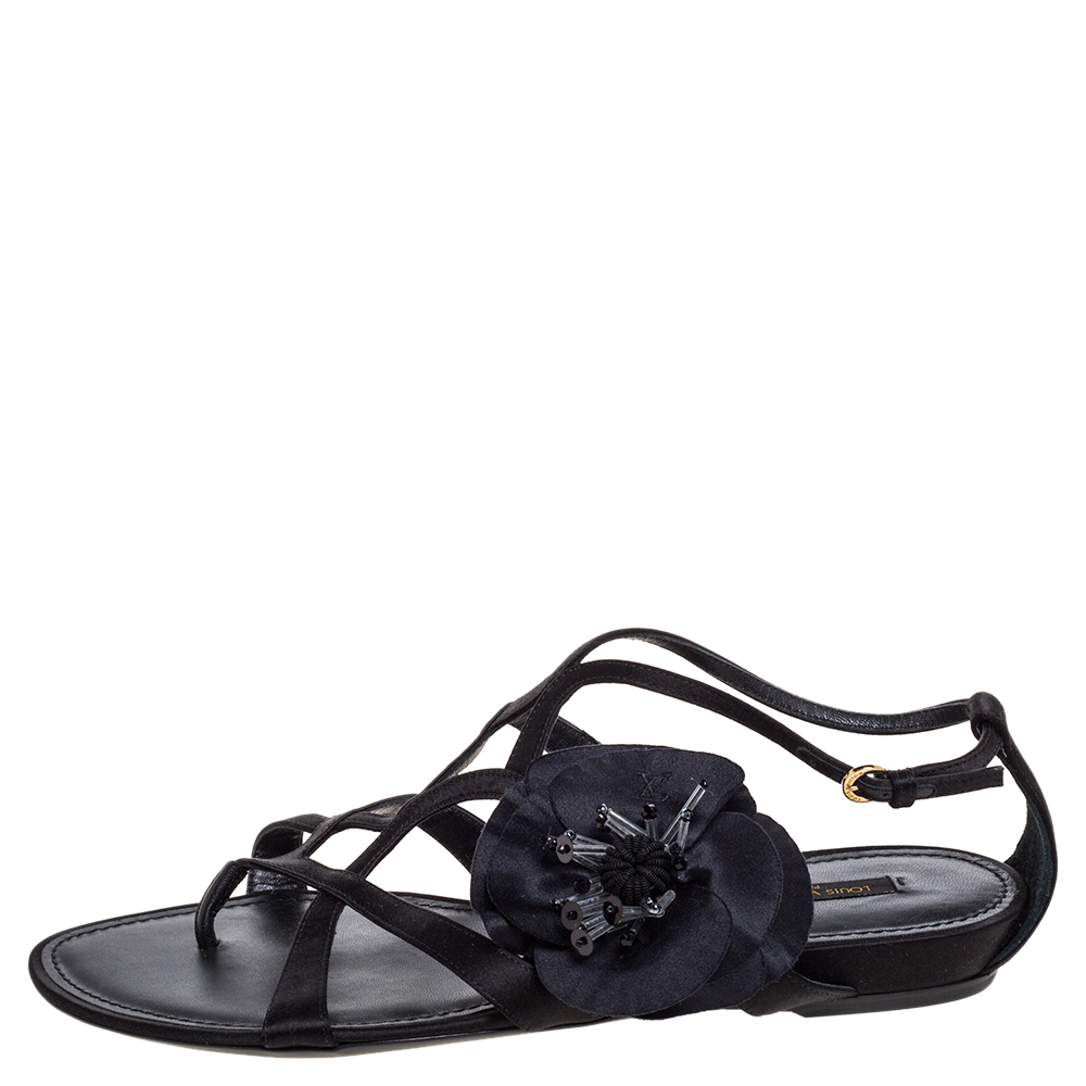 

Louis Vuitton Black Satin Flower Detail Flat Sandals Size