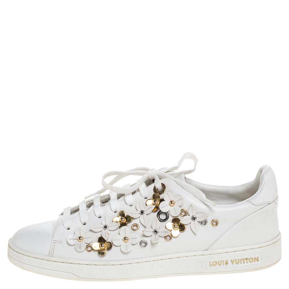 

Louis Vuitton White Leather Frontrow Blossom Floral Embellished Low Top Sneakers Size