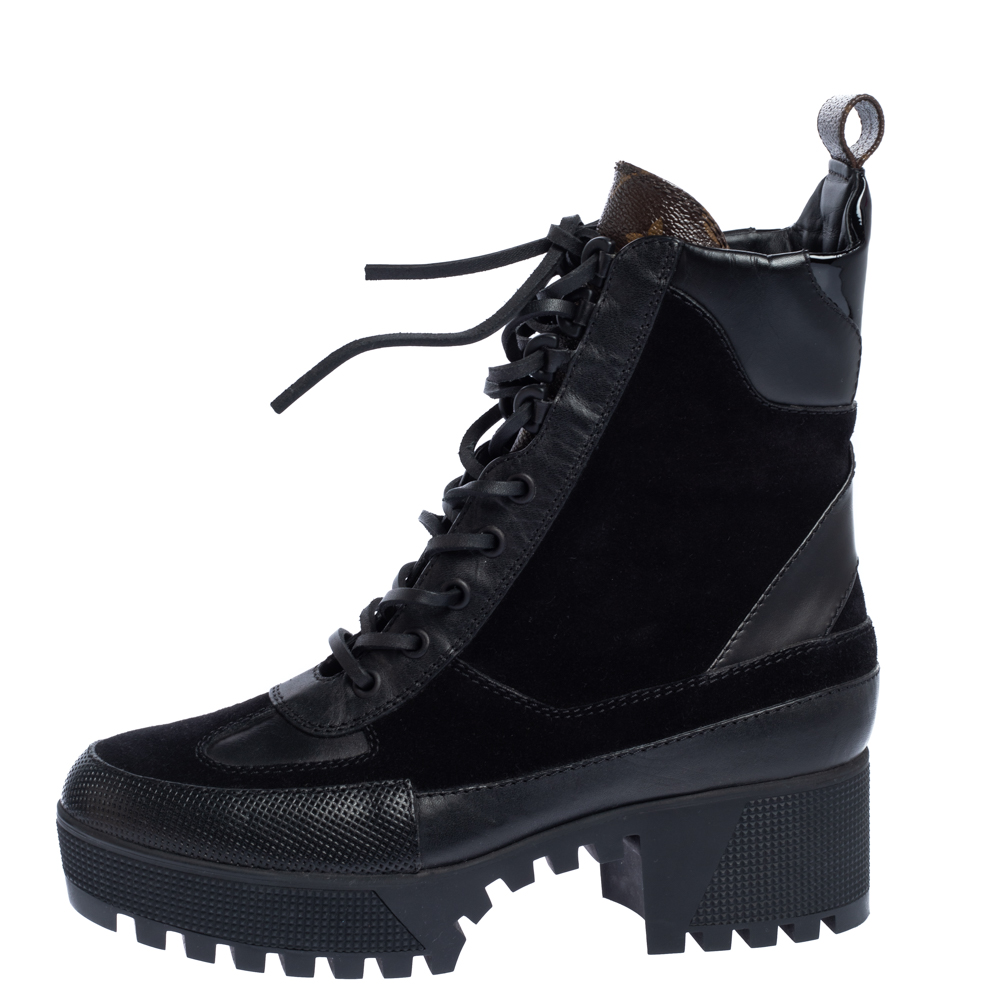 

Louis Vuitton Black/Brown Suede, Monogram Canvas And Leather Laureate Platform Desert Ankle Boots Size