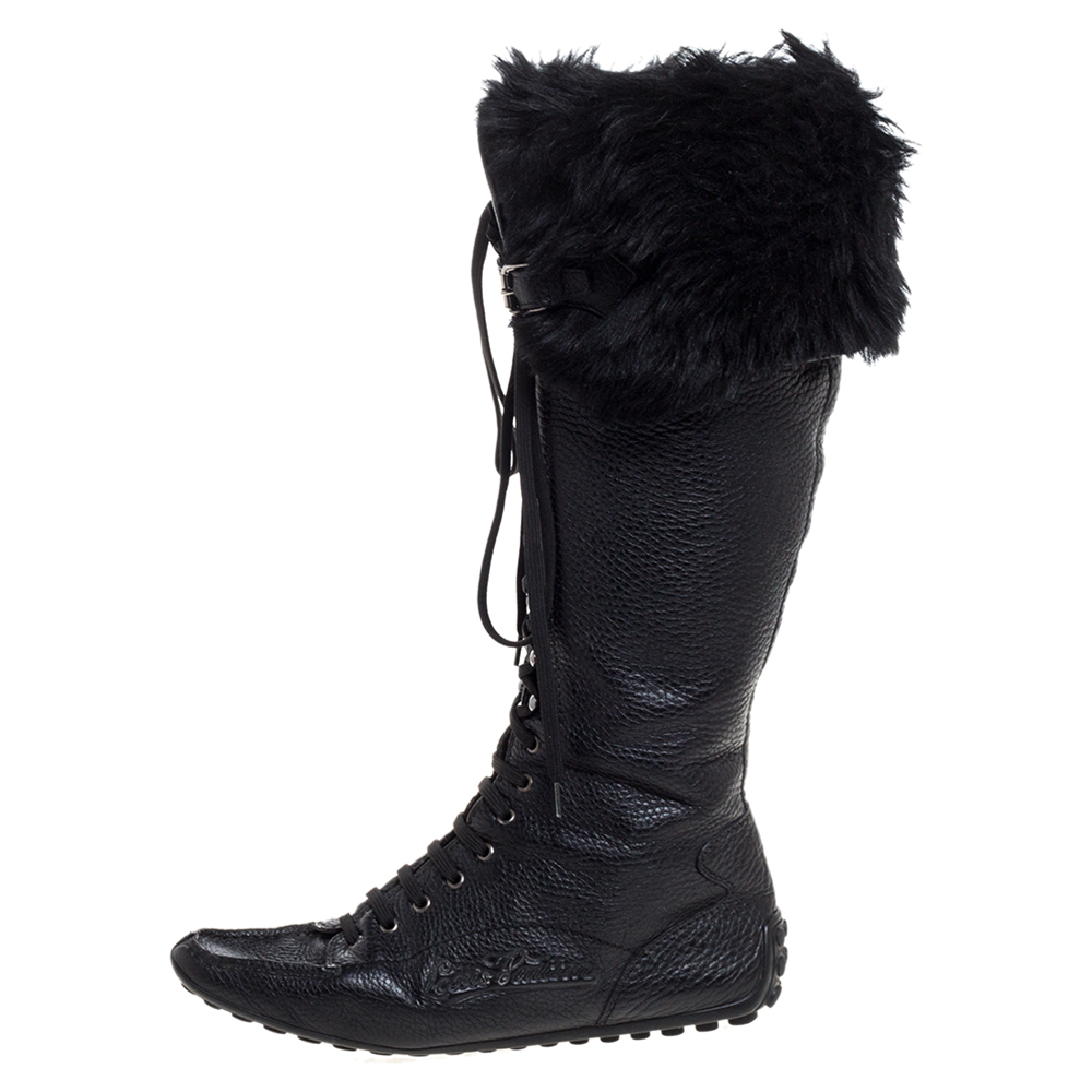 

Louis Vuitton Black Leather And Fur Trim Mid Calf Lace Up Boots Size