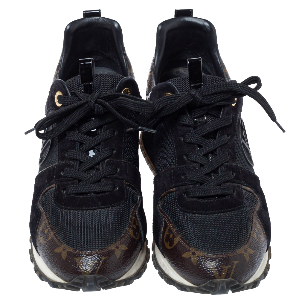 LOUIS VUITTON Suede Monogram Run Away Sneakers 38.5 Black 1222726