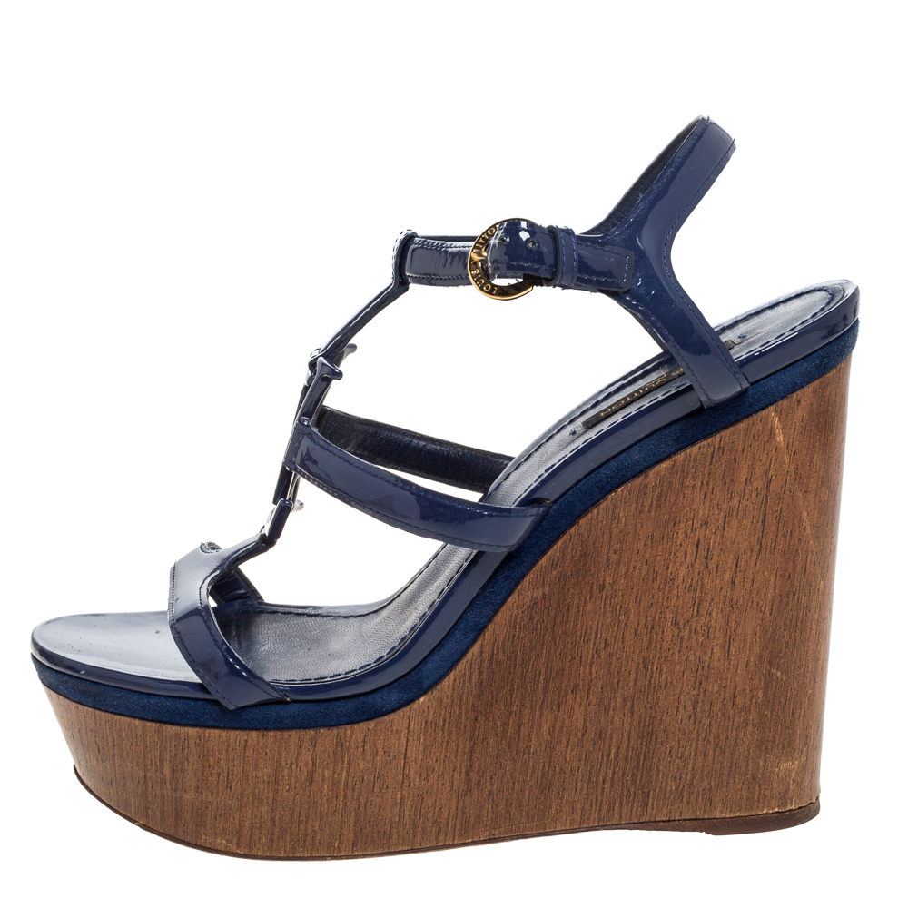 

Louis Vuitton Blue Patent Leather Ankle Strap Wedge Platform Sandals Size
