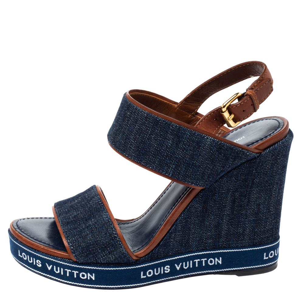 

Louis Vuitton Blue Denim Ankle Strap Wedge Platform Sandals Size