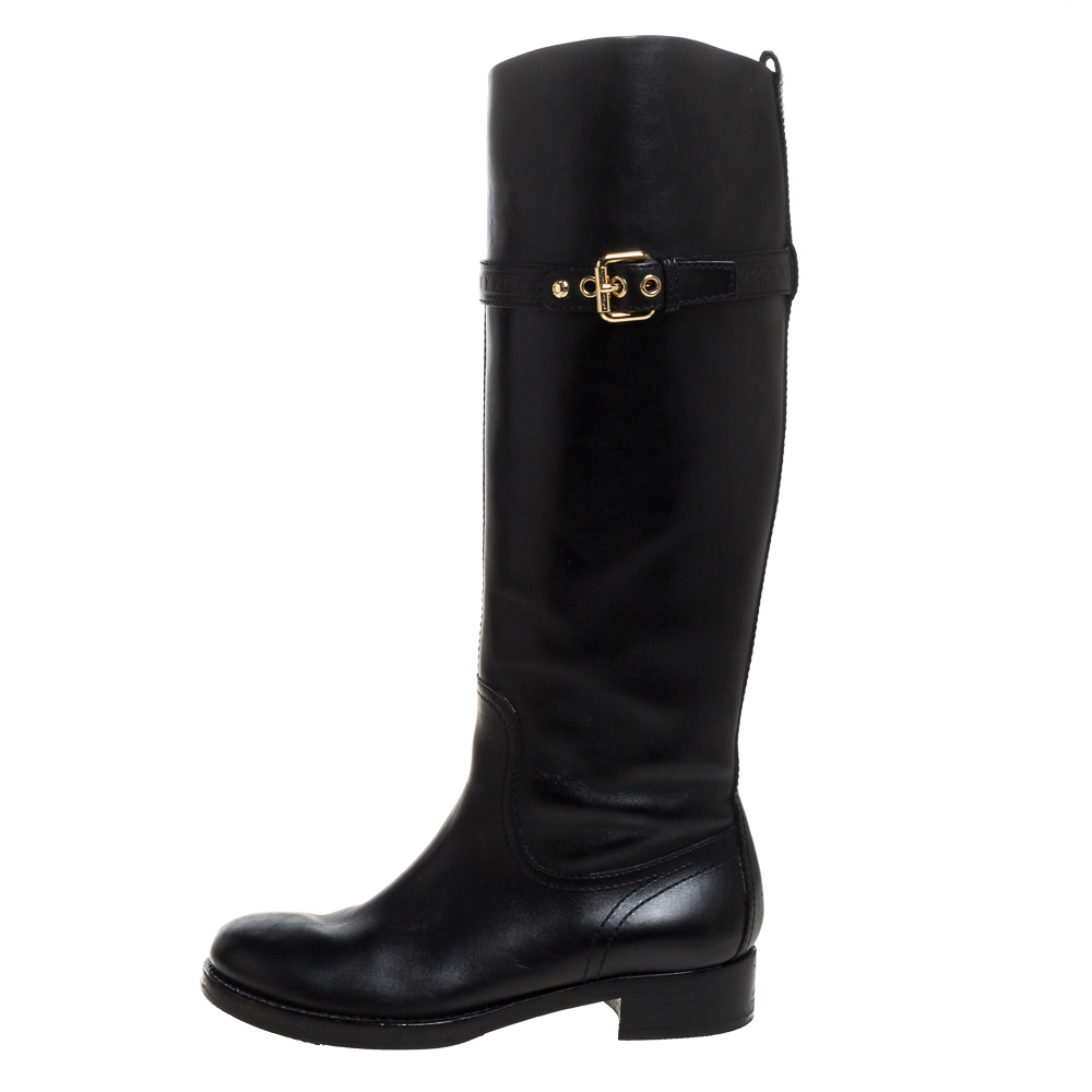 

Louis Vuitton Black Leather Buckle Detail Knee Length Boots Size