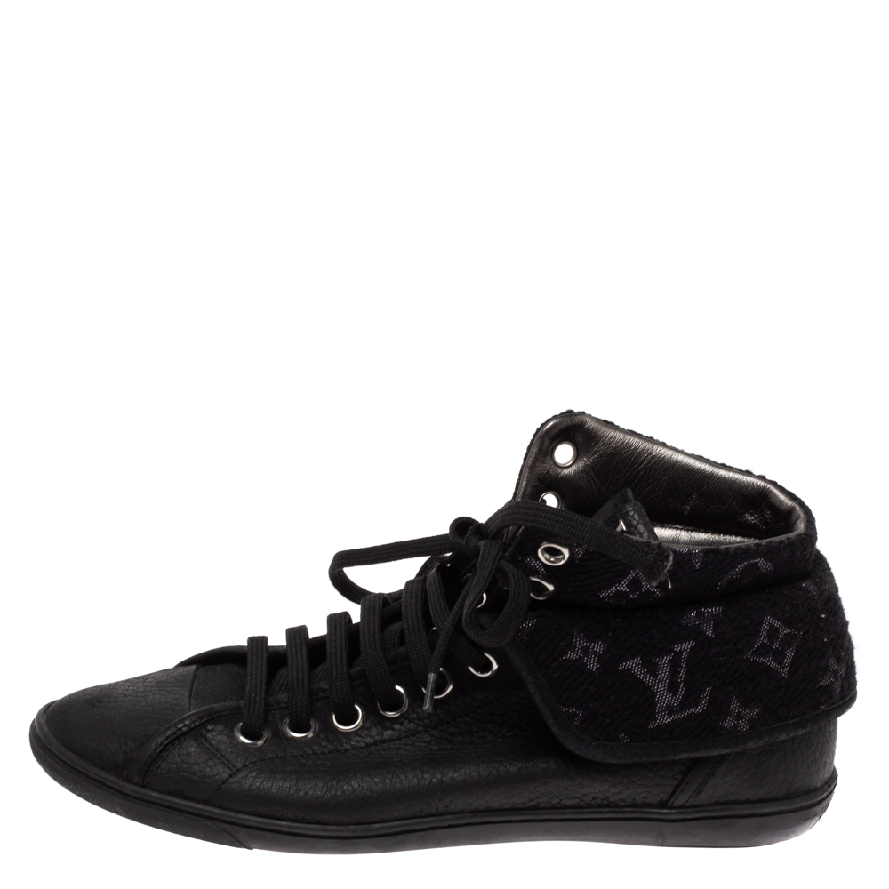 

Louis Vuitton Black Leather and Monogram Shimmery Canvas Brea Sneaker Boots Size
