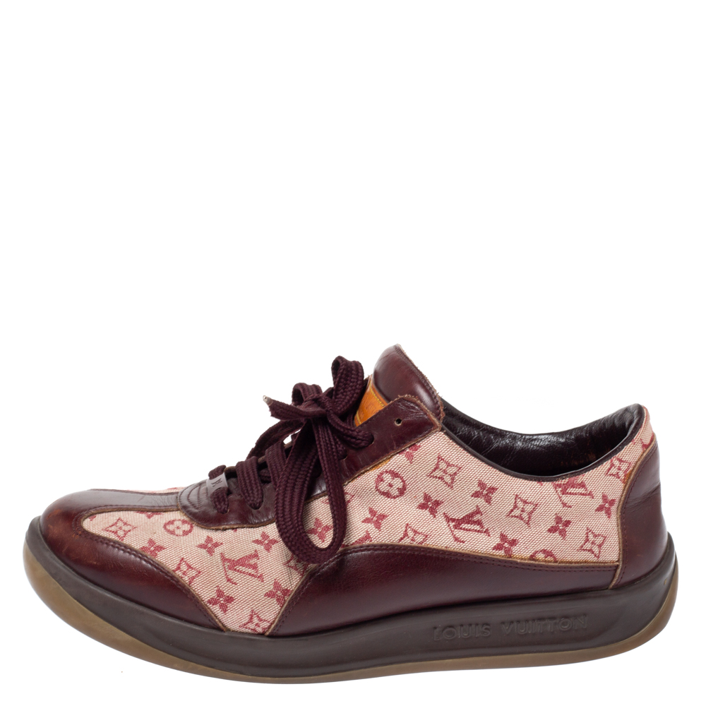 

Louis Vuitton Burgundy Leather And Beige Monogram Canvas Lace Up Sneakers Size