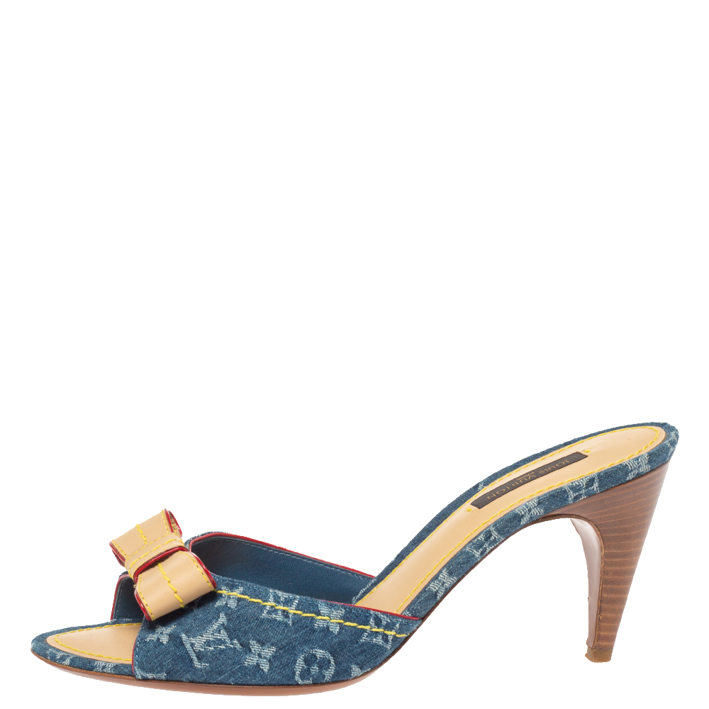 

Louis Vuitton Blue Monogram Denim And Leather Bow Slide Sandals Size