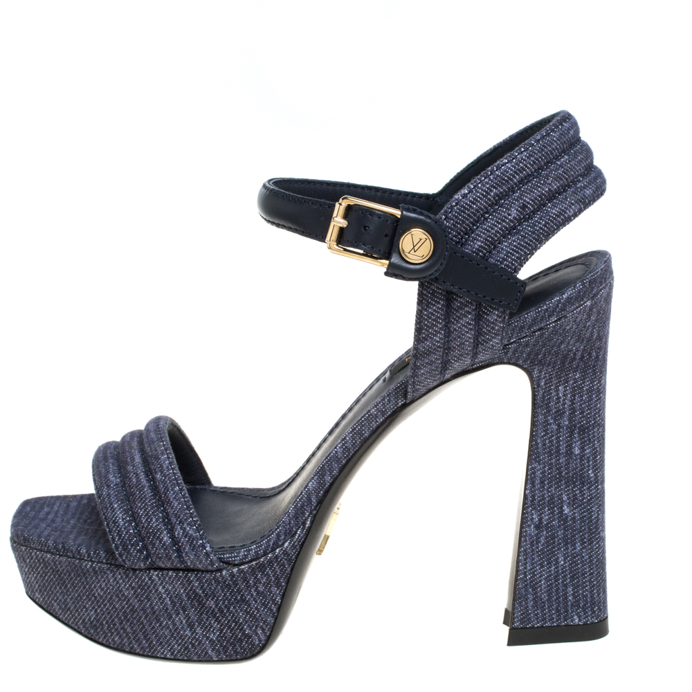 

Louis Vuitton Blue Denim Ankle Strap Platform Sandals Size