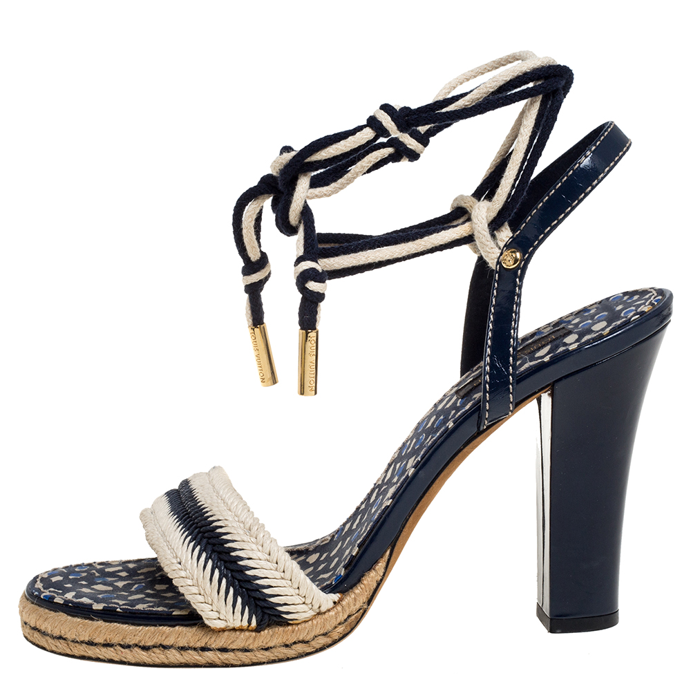 

Louis Vuitton Blue/Cream Chevron Woven Rope And Patent Ankle Wrap Sandals Size