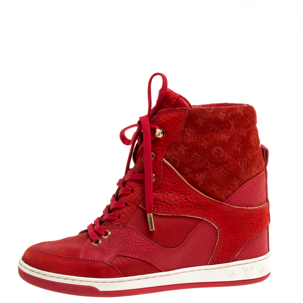 

Louis Vuitton Red Suede Monogram Millenium Wedge Sneakers Size