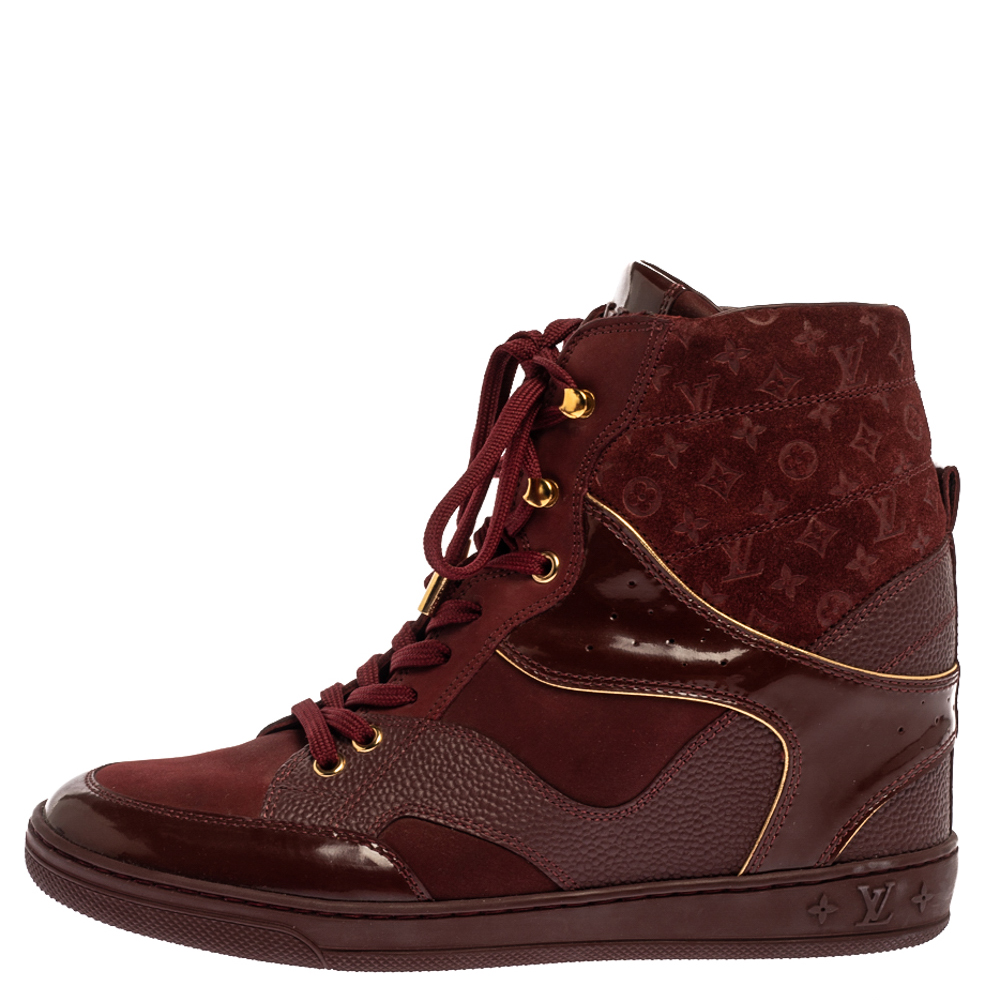 

Louis Vuitton Burgundy Patent Leather and Suede Monogram Cliff Top Wedge Ankle Boots Size