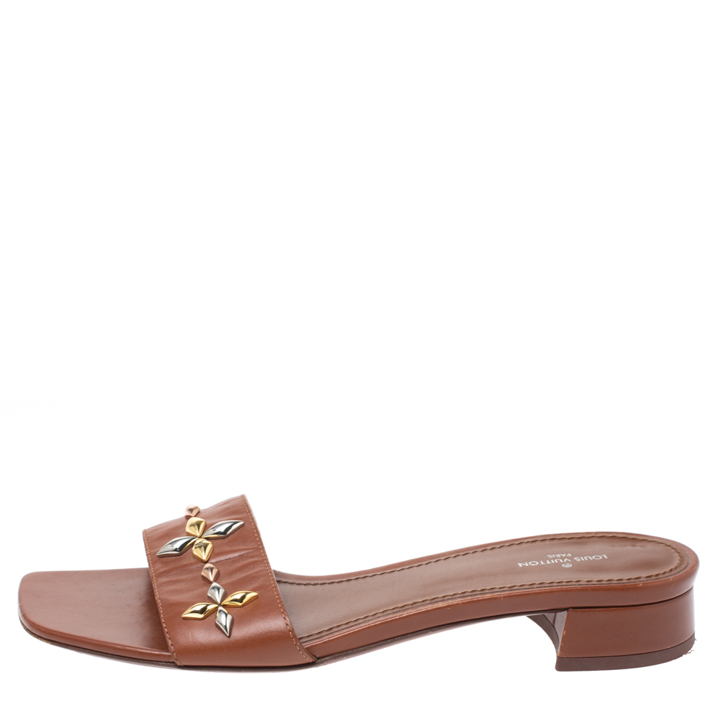 

Louis Vuitton Brown Leather Embellished Open Toe Sandals Size