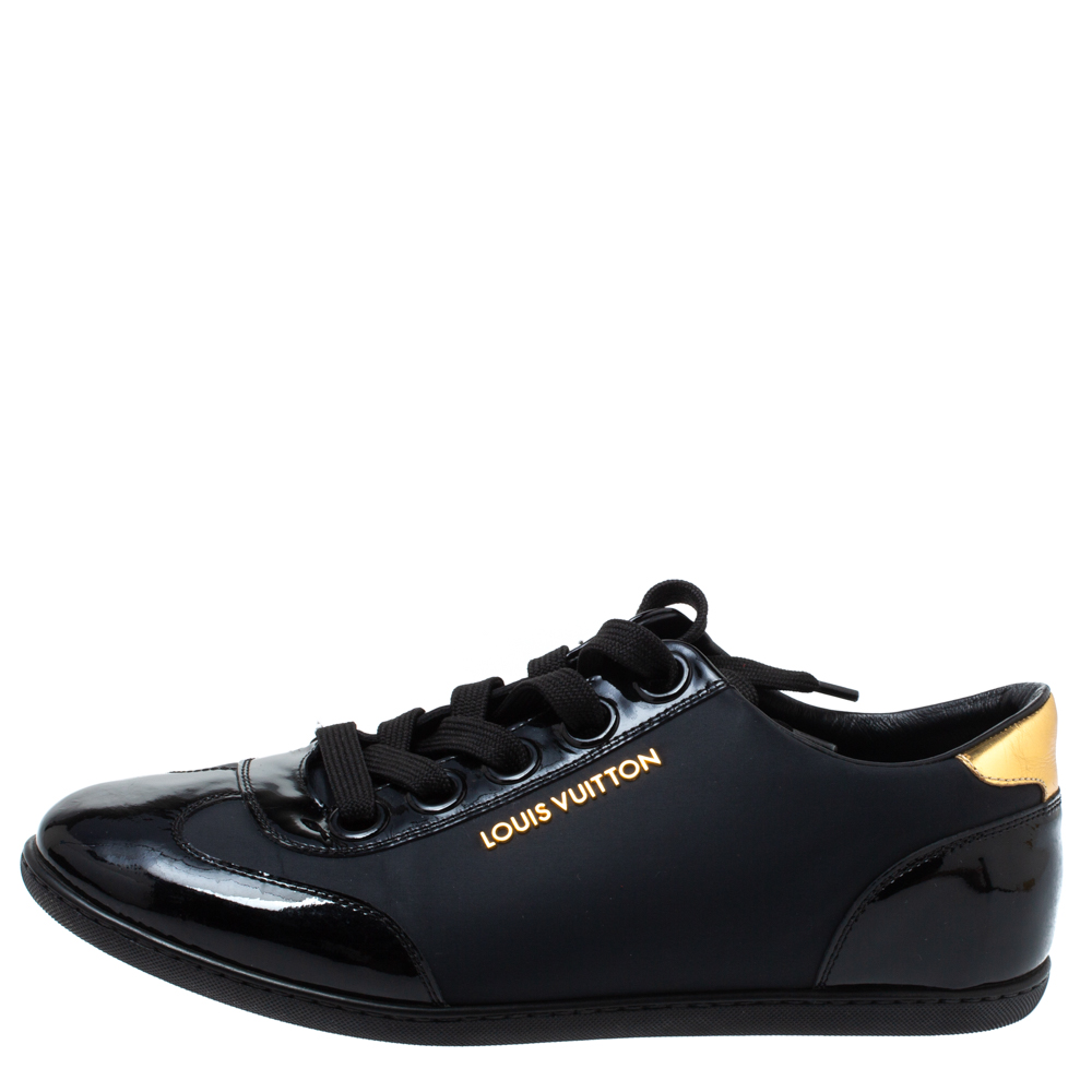 

Louis Vuitton Black Satin And Patent Leather Low Top Sneakers Size
