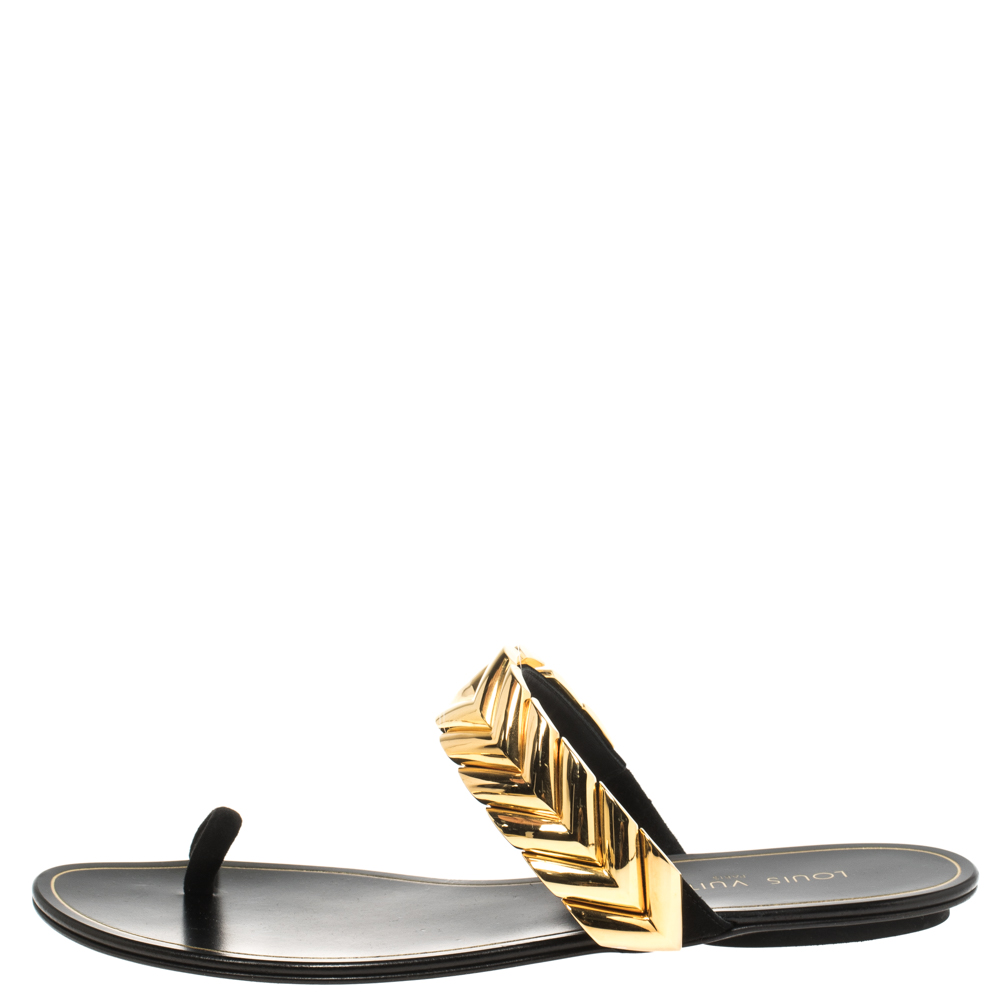 

Louis Vuitton Black/Gold Suede Metal Toe Ring Slide Flats Size