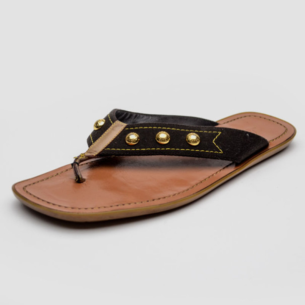 مملوكة مسبقًا Louis Vuitton Brown Leather Studded Flat Thong Slippers Size 40 