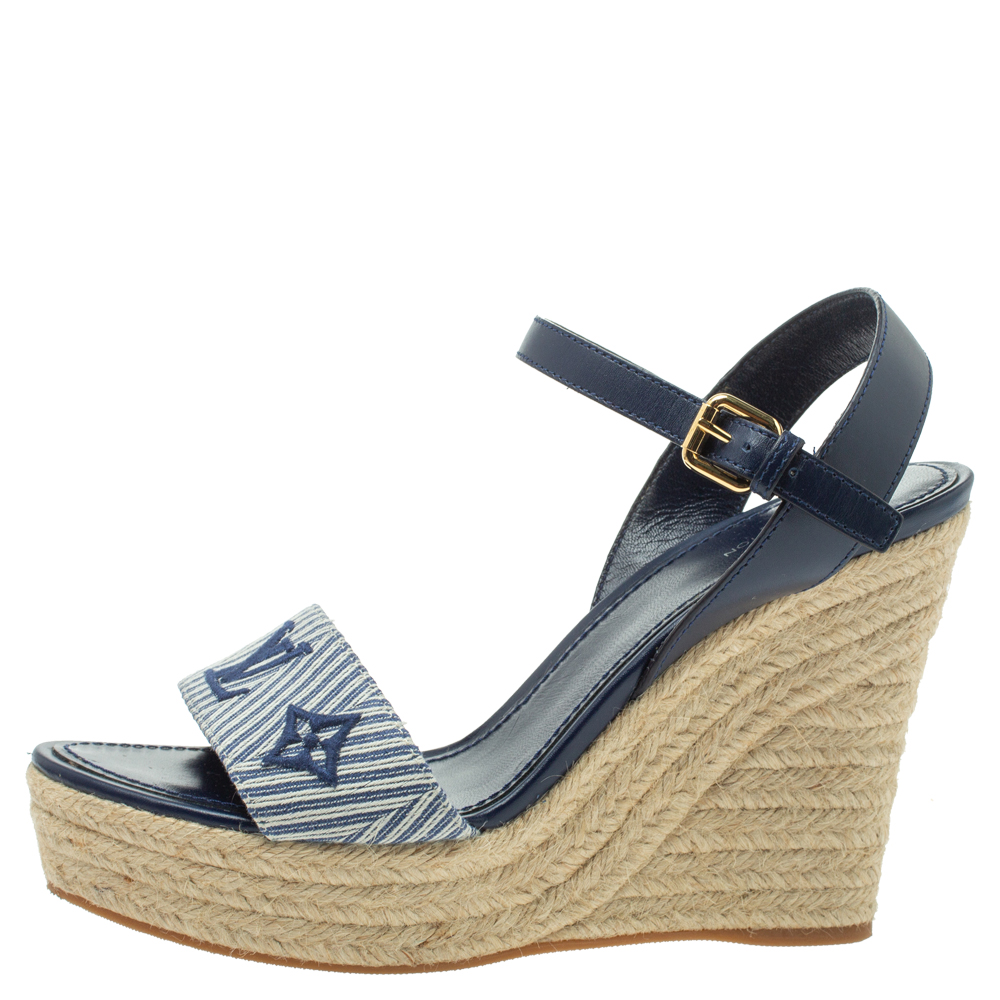 

Louis Vuitton Blue Leather And Canvas Wedge Espadrille Platform Ankle Strap Sandals Size