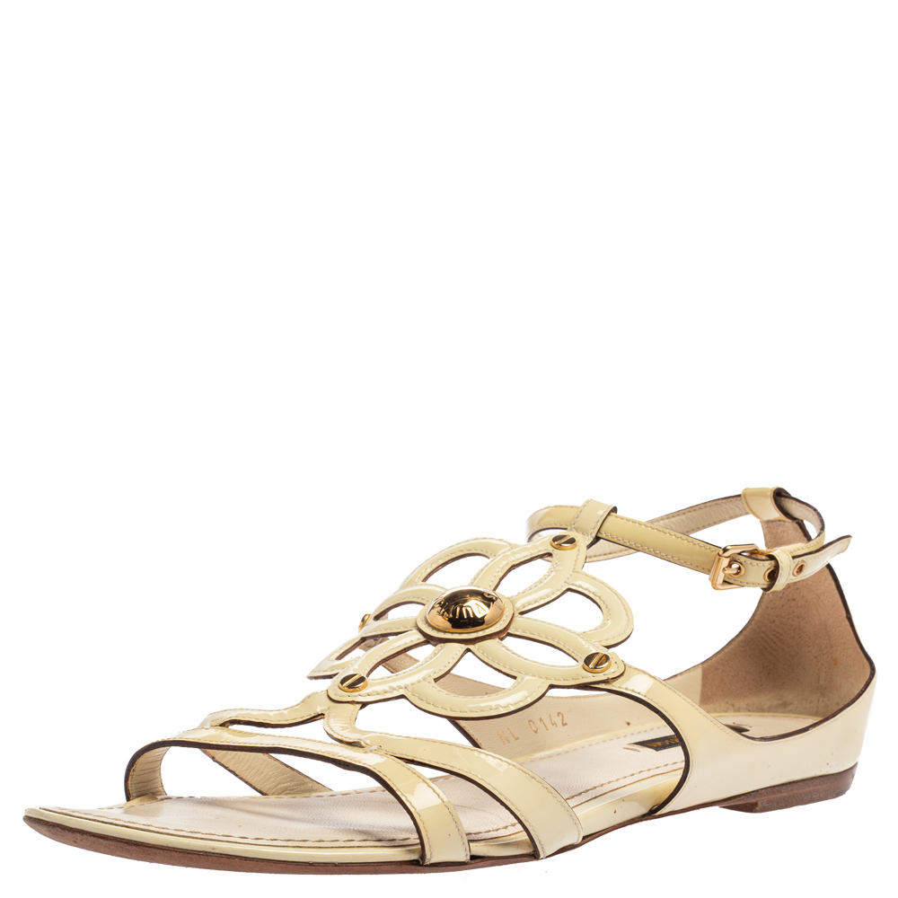 Louis Vuitton Cream Patent Leather Cutout Gloss Flat Sandals Size 39