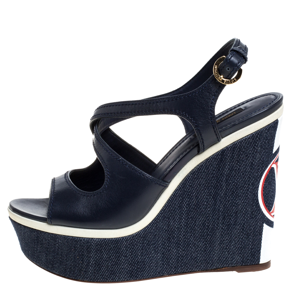 

Louis Vuitton Blue Denim And Leather LV Logo Wedge Platform Sandals Size