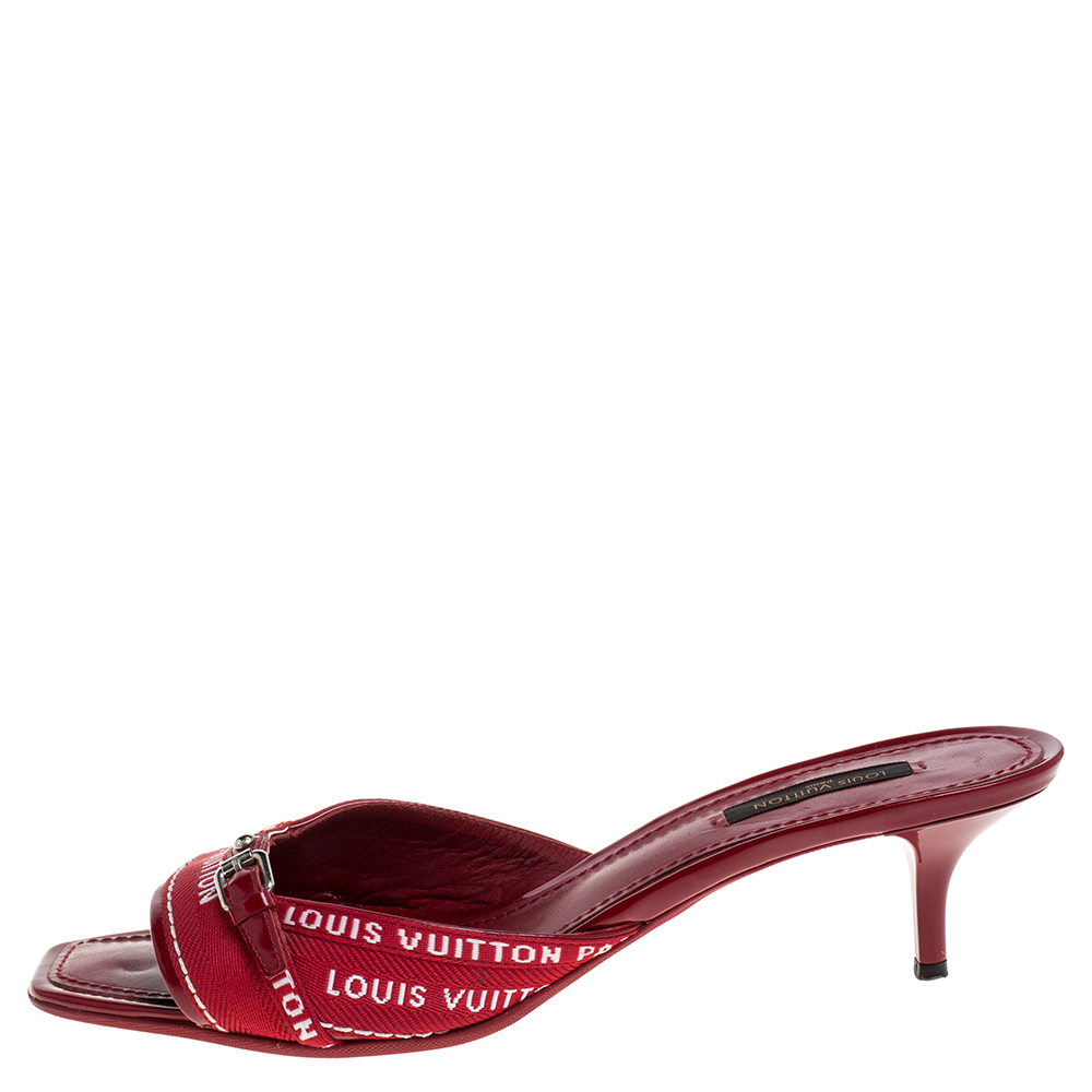 

Louis Vuitton Red Canvas and Leather Trim Slide Sandals Size
