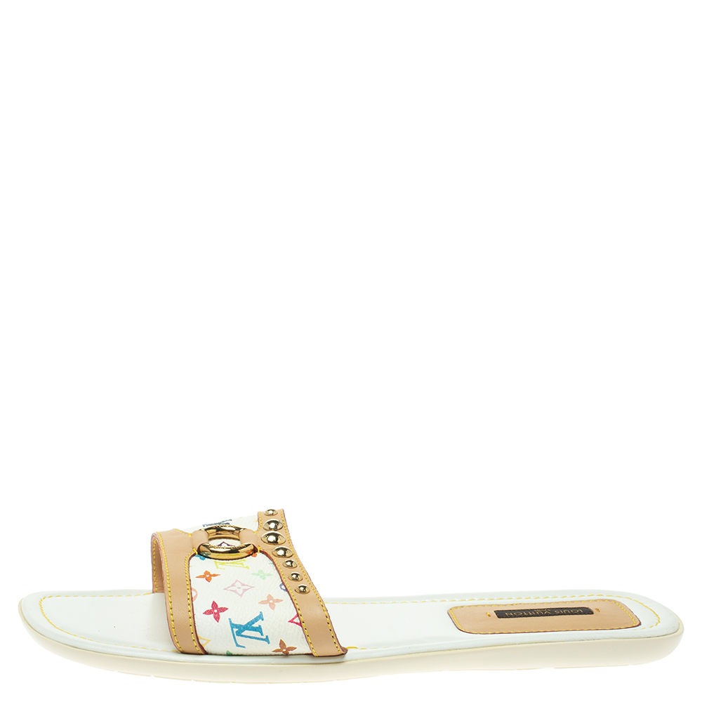 

Louis Vuitton White/Multicolor Monogram Coated Canvas And Leather Trim Studded Flat Sandals Size