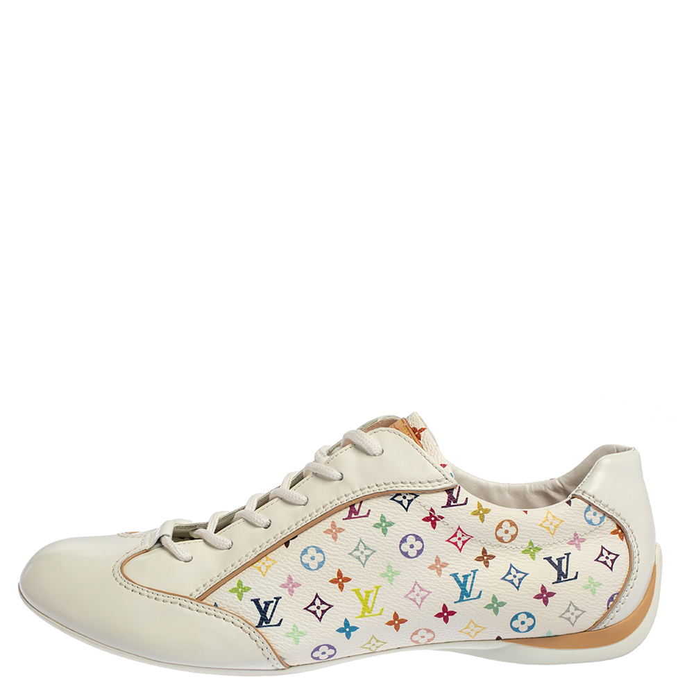 

Louis Vuitton White Leather And Multicolor Monogram Canvas Lace Up Sneakers Size