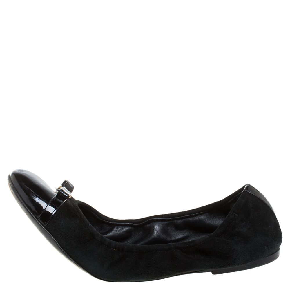 

Louis Vuitton Black Suede/Patent Leather Elba Bow Cap Toe Scrunch Ballet Flat Size