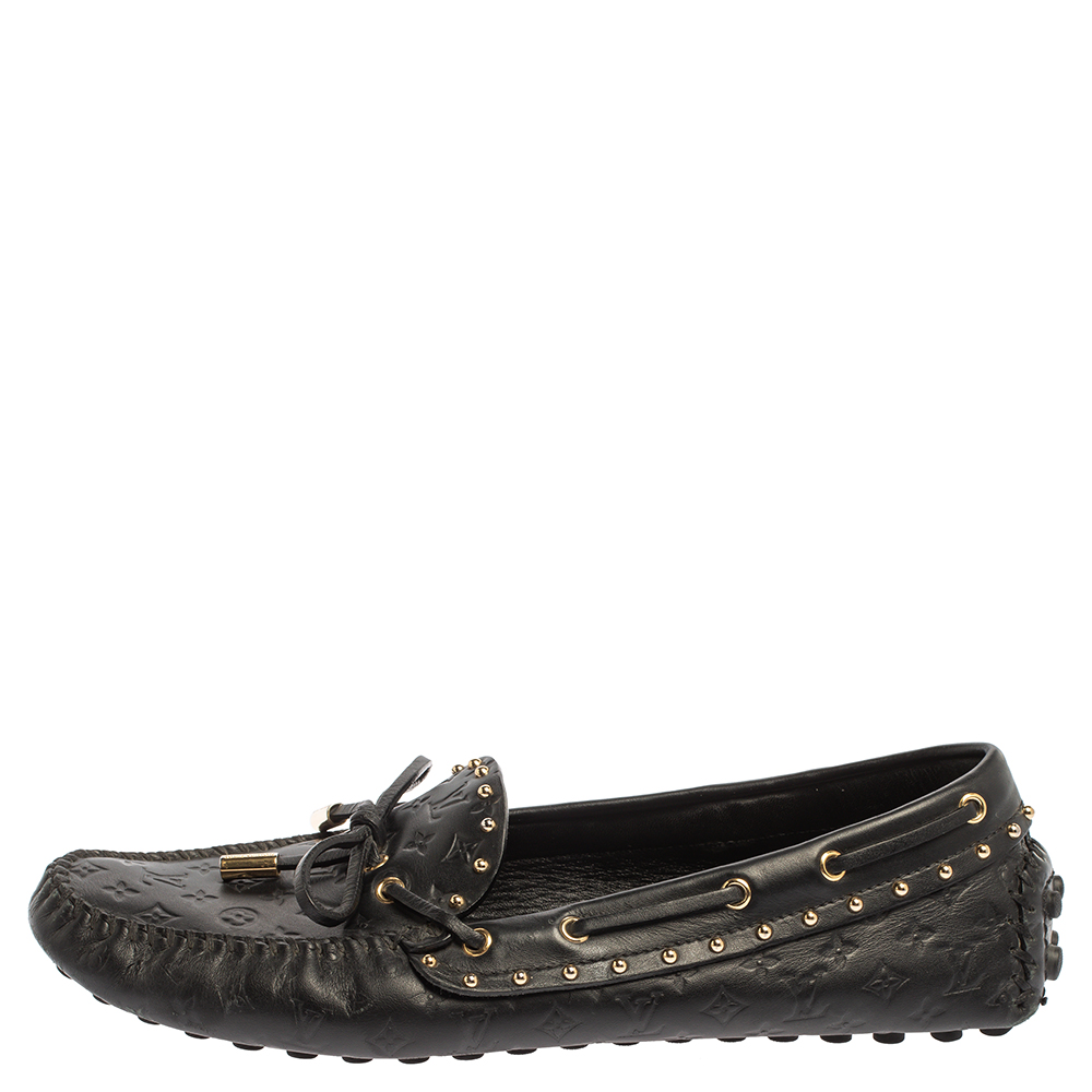 

Louis Vuitton Black Monogram Embossed Leather Gloria Studded Tassel Loafers Size
