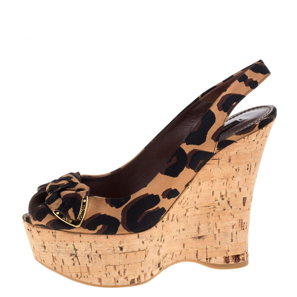 

Louis Vuitton Brown Leopard Print Canvas Wedge Platform Sandals Size