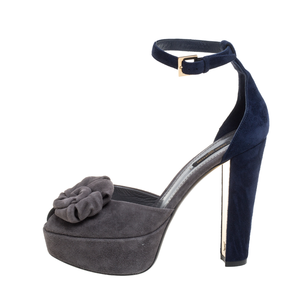 

Louis Vuitton Grey/Blue Suede Rose Detail Ankle Strap Platform Sandals Size