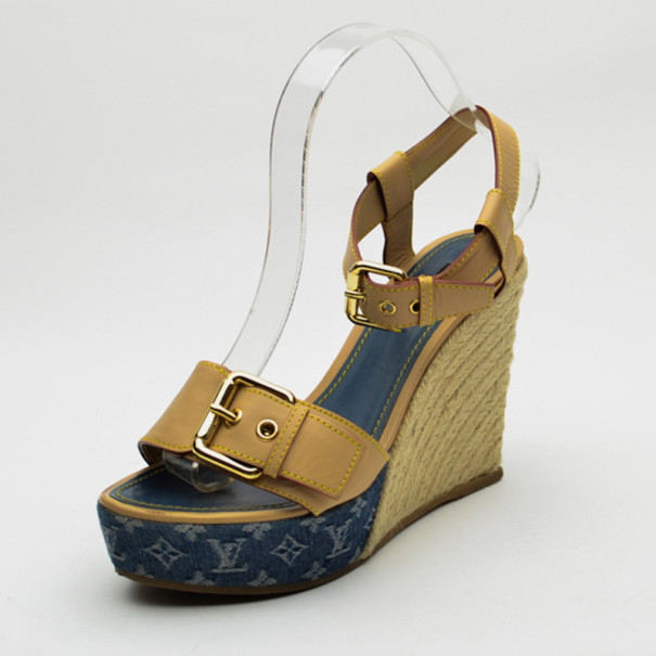 Pre Owned Louis Vuitton Monogram Denim & Leather Espadrilles Wedges Size 38.5