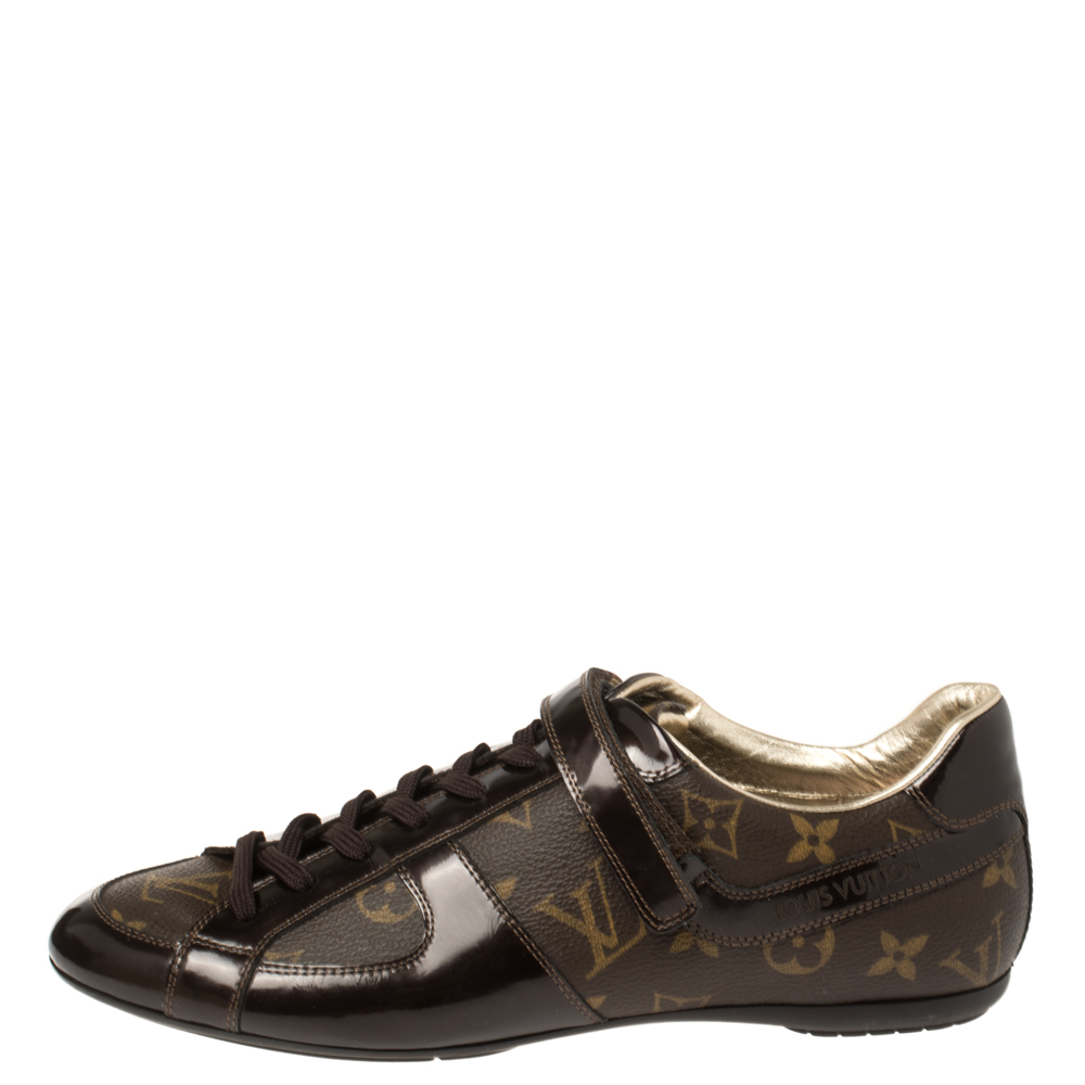 

Louis Vuitton Brown Patent Leather And Monogram Canvas Lace Up Sneakers Size