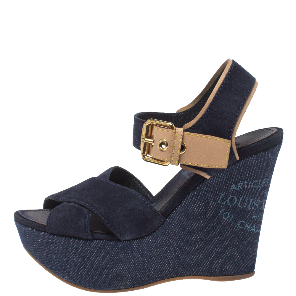 

Louis Vuitton Blue Suede And Denim Wedge Sandals Size