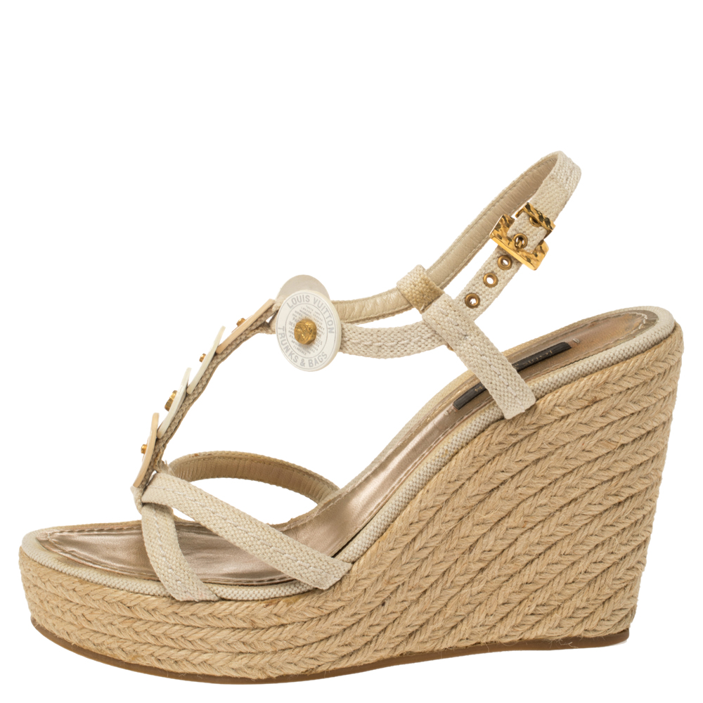 

Louis Vuitton Beige Canvas Medallion Leather Detail Espadrille Wedge Platform Sandals Size