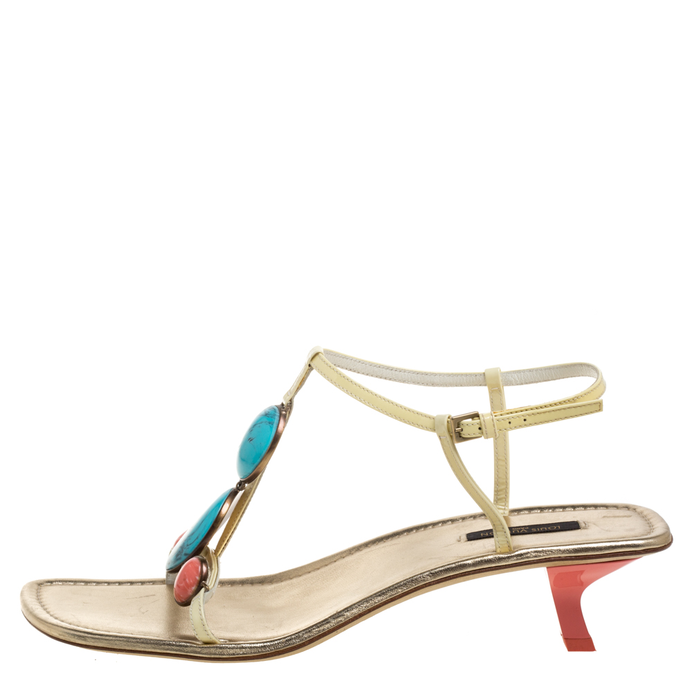 

Louis Vuitton Yellow/Gold Patent Leather Coral & Turquose Stone Embellished Thong Sandals Size