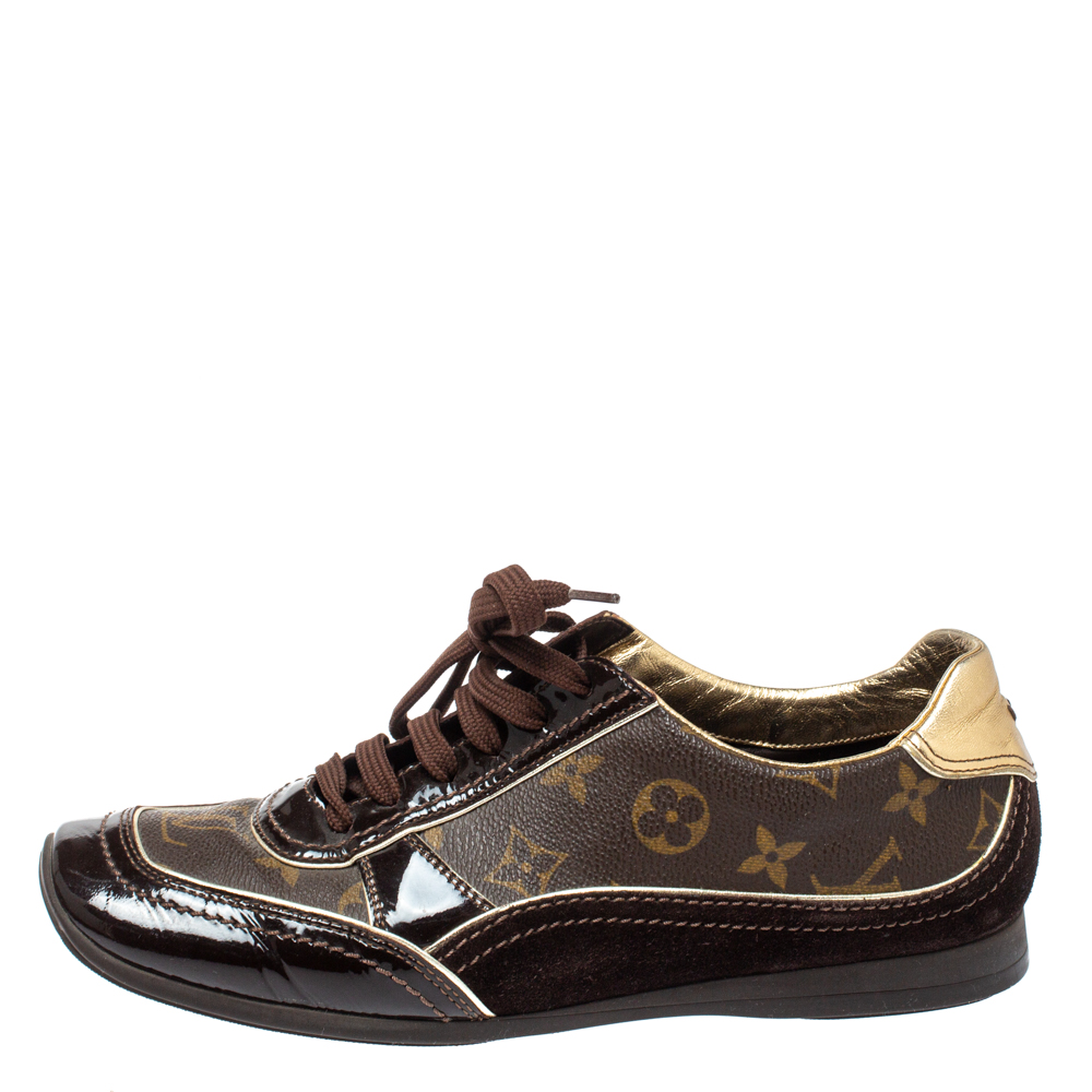 

Louis Vuitton Brown Patent Leather And Monogram Canvas Lace Up Sneakers Size